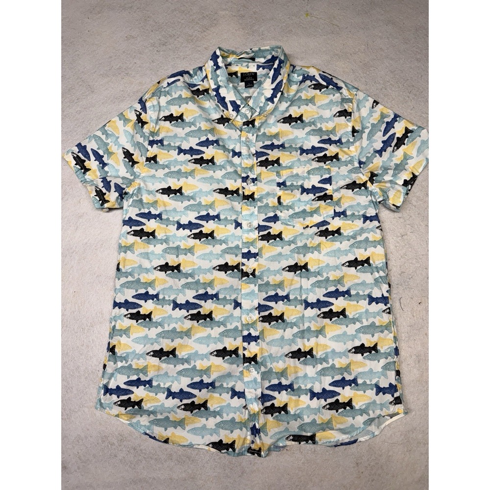 J. Crew Men's Fish AOP Short Sleeve Flex Wash‎ Button Down Size Large